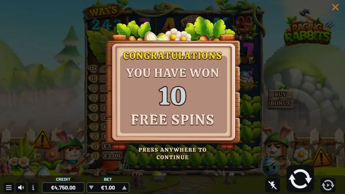 Karakter kelinci kartun dalam latar belakang medan perang slot Raging Rabbits